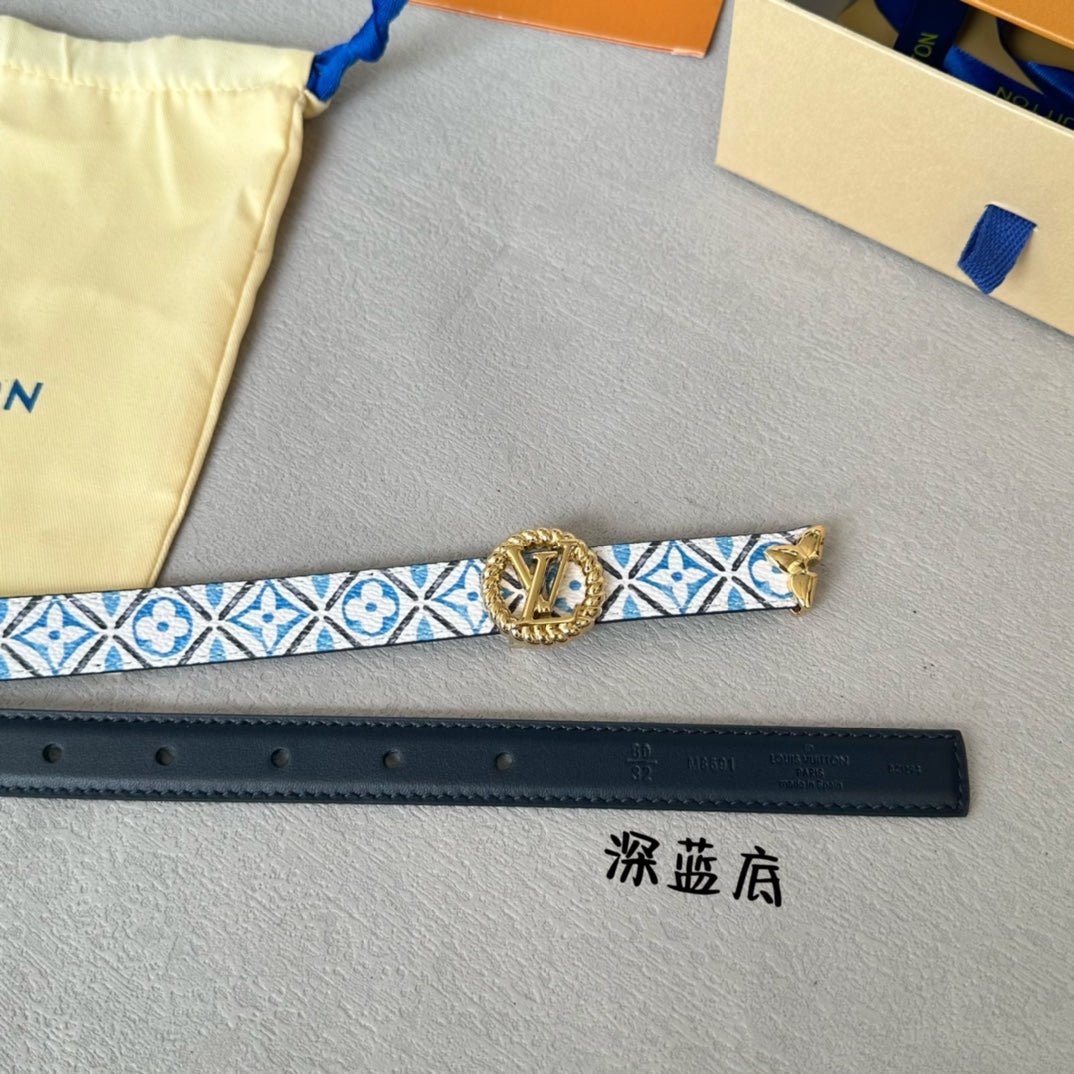 PRETTY LV 20MM REVERSIBLE BELT WHITE AND BLUE CALFSKIN GOLD HARDWARE - 30