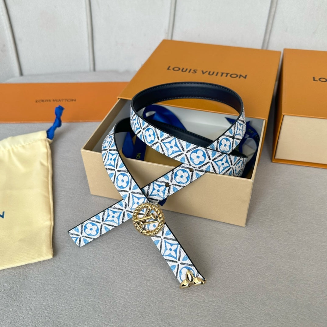 LV Circle Nautical 20mm Reversible Belt Gold Buckle Black White Blue Lambskin - 30