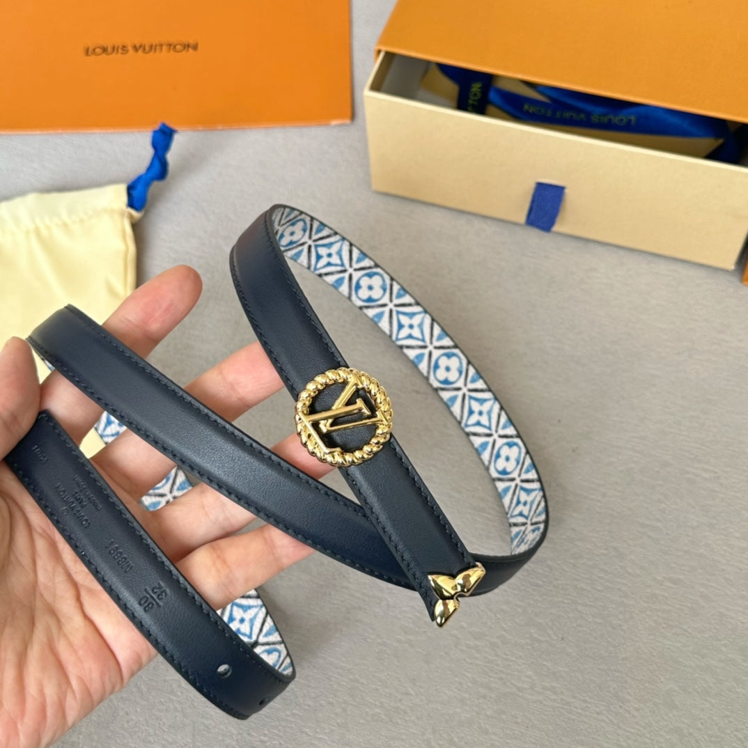 LV Circle Nautical 20mm Reversible Belt Gold Buckle Black White Blue Lambskin - 30