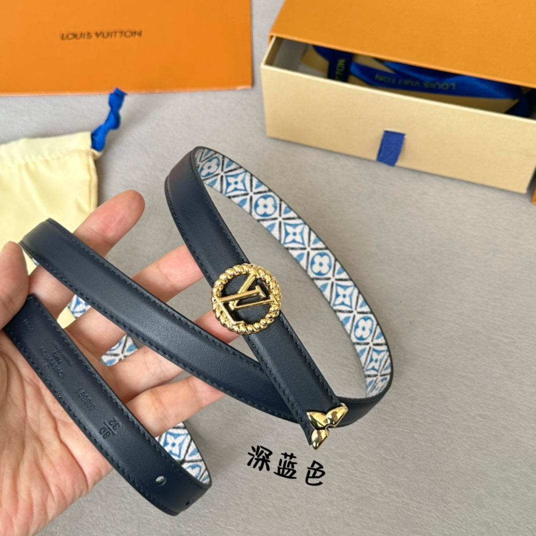 PRETTY LV 20MM REVERSIBLE BELT WHITE AND BLUE CALFSKIN GOLD HARDWARE - 30