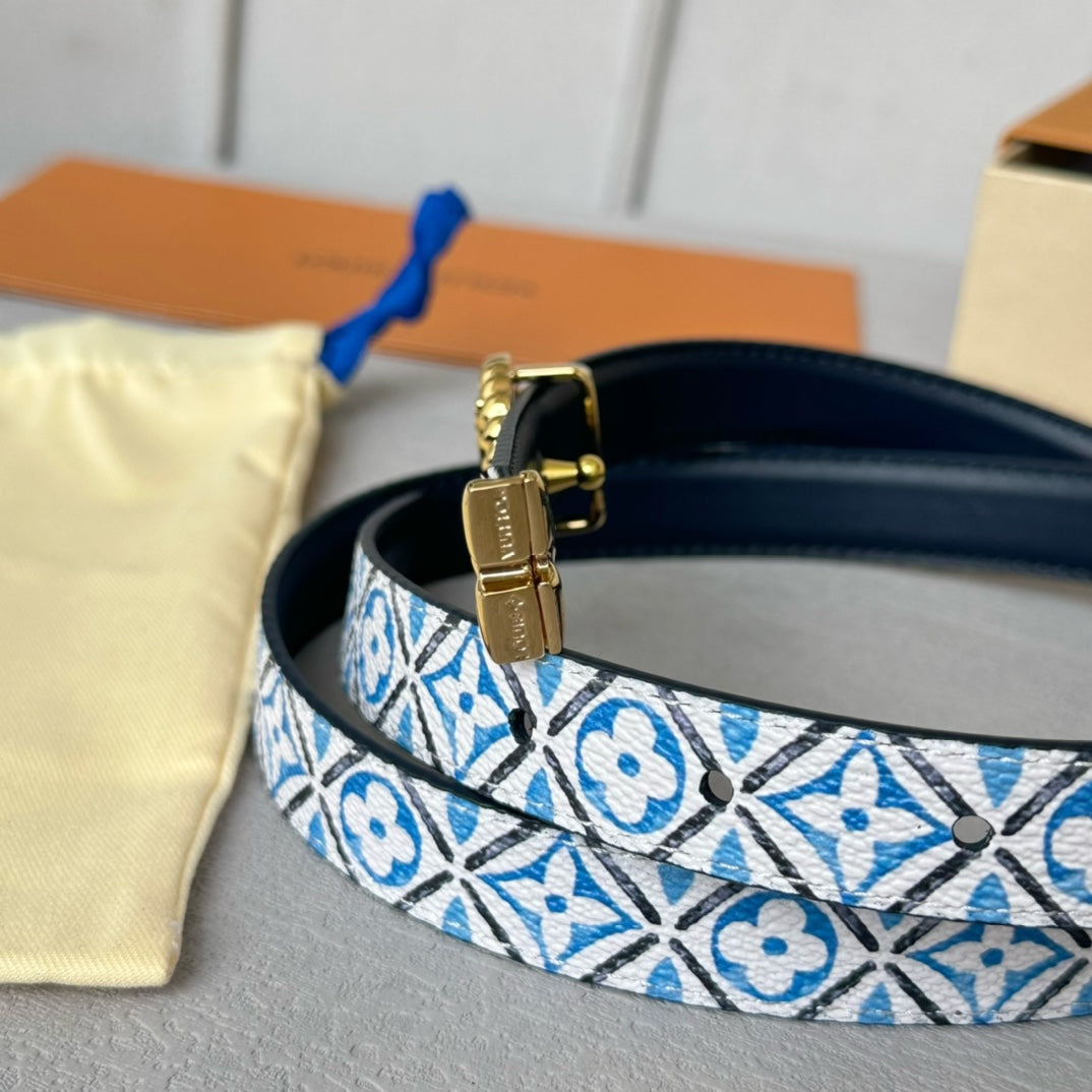 LV Circle Nautical 20mm Reversible Belt Gold Buckle Black White Blue Lambskin - 30