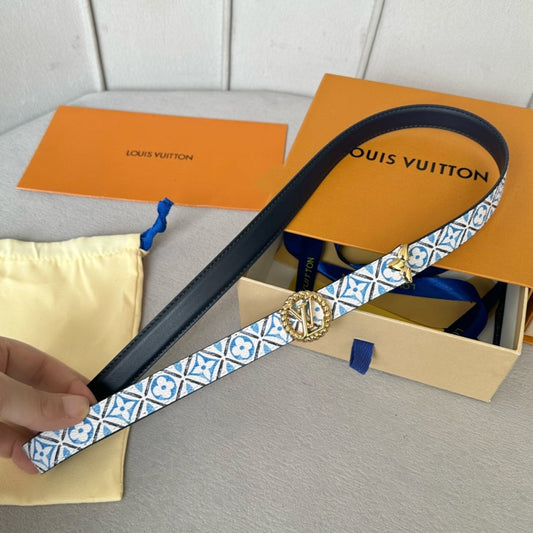 LV Circle Nautical 20mm Reversible Belt Gold Buckle Black White Blue Lambskin - 30