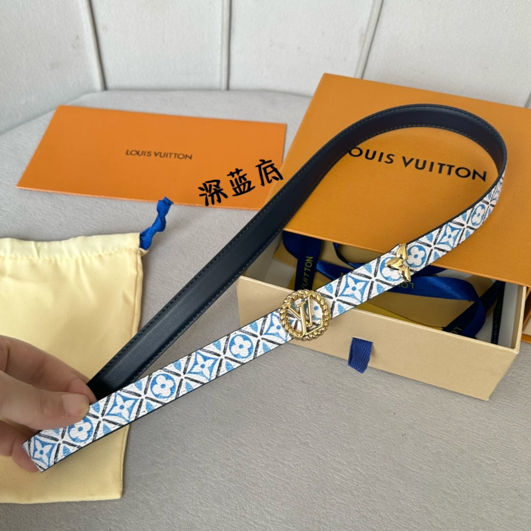 PRETTY LV 20MM REVERSIBLE BELT WHITE AND BLUE CALFSKIN GOLD HARDWARE - 30
