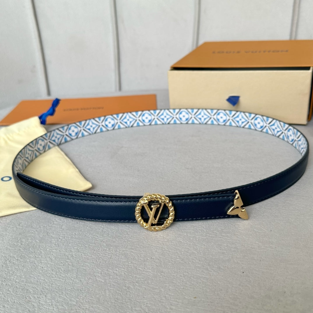 PRETTY LV 20MM REVERSIBLE BELT WHITE AND BLUE CALFSKIN GOLD HARDWARE - 30
