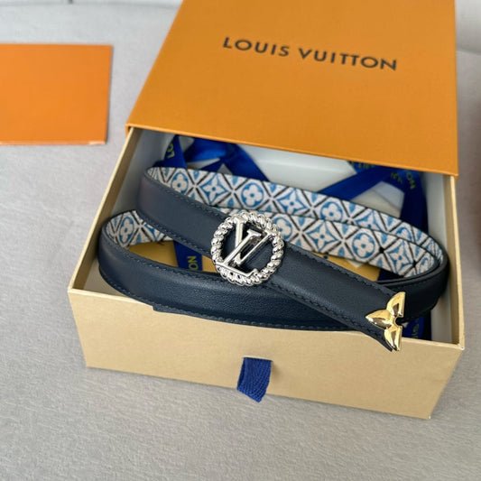LV Circle Nautical 20mm Reversible Belt Silver Buckle Black White Blue Lambskin - 30