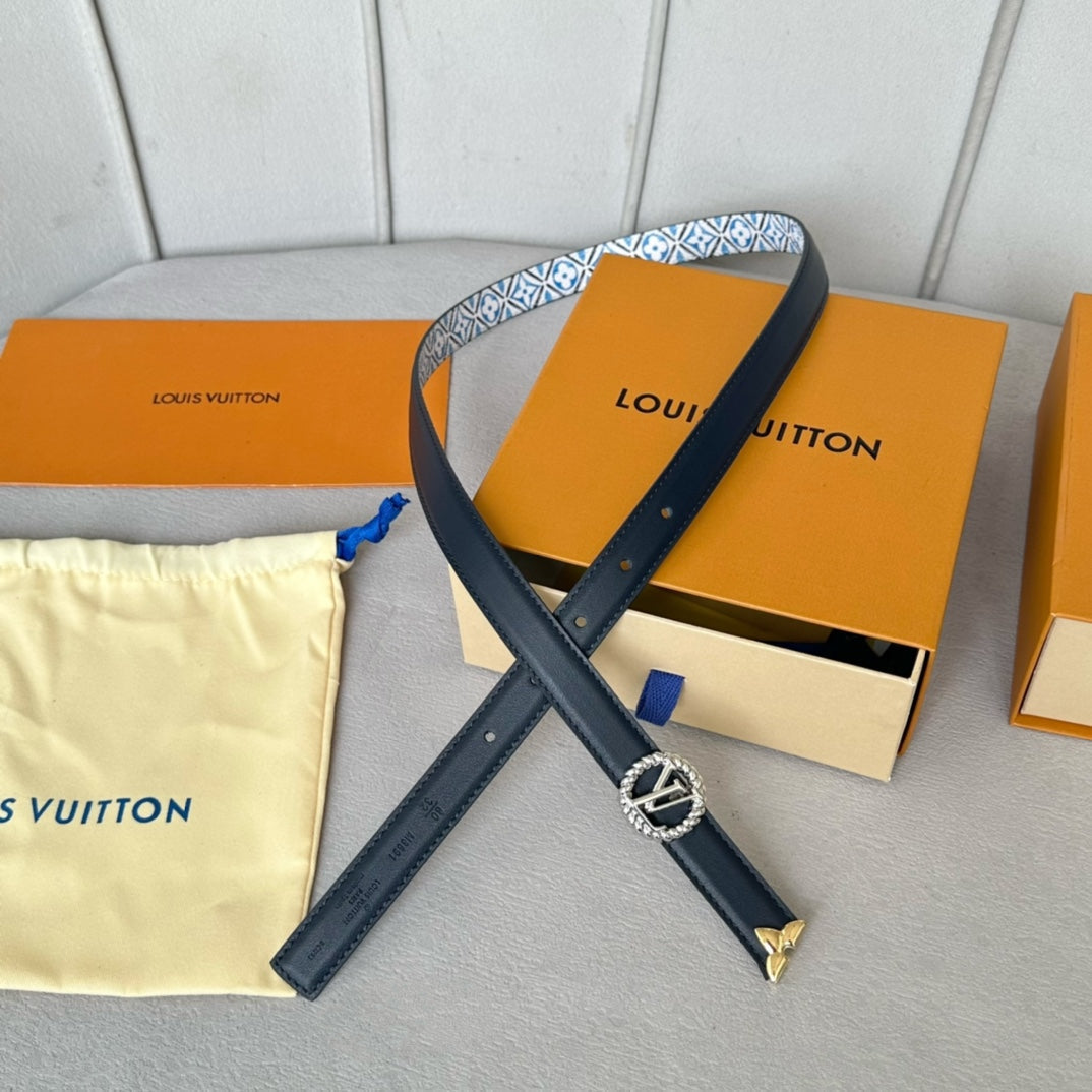 LV Circle Nautical 20mm Reversible Belt Silver Buckle Black White Blue Lambskin - 30