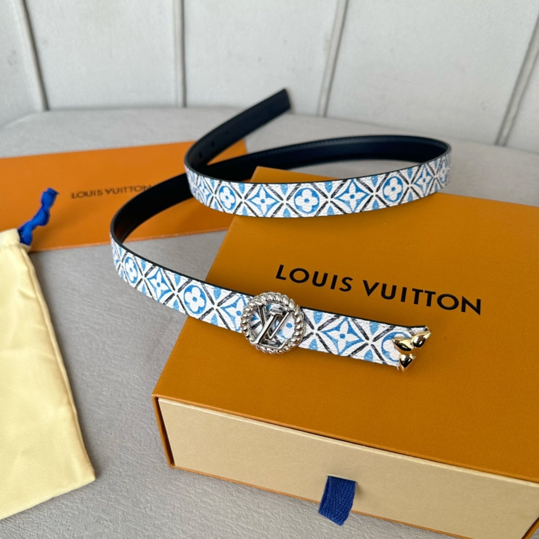 LV Circle Nautical 20mm Reversible Belt Silver Buckle Black White Blue Lambskin - 30