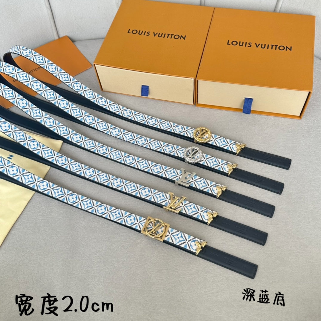 PRETTY LV 20MM REVERSIBLE BELT WHITE AND BLUE CALFSKIN SILVER MIX GOLD HARDWARE - 30