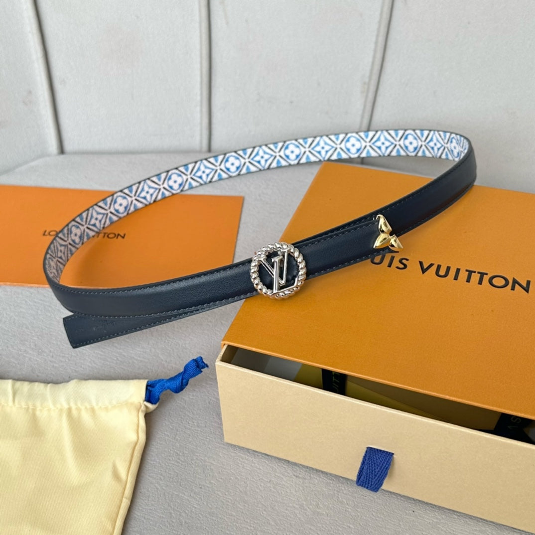 LV Circle Nautical 20mm Reversible Belt Silver Buckle Black White Blue Lambskin - 30