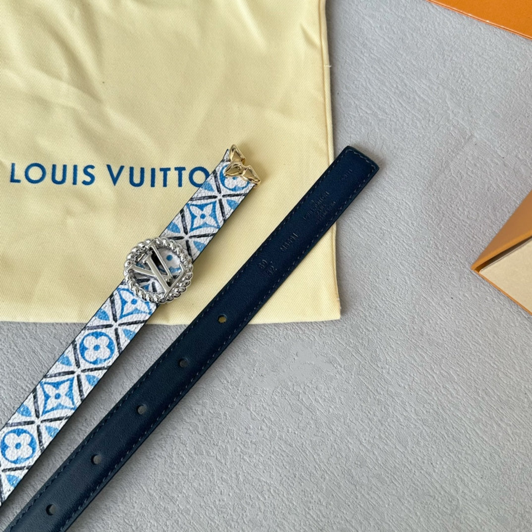 LV Circle Nautical 20mm Reversible Belt Silver Buckle Black White Blue Lambskin - 30