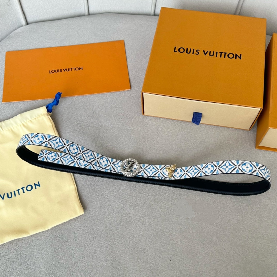 LV Circle Nautical 20mm Reversible Belt Silver Buckle Black White Blue Lambskin - 30
