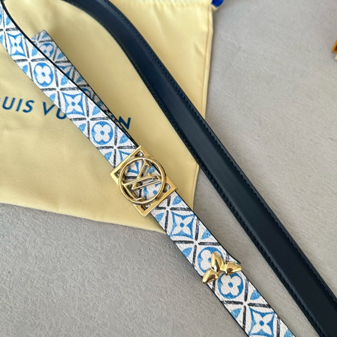 Josephine 20mm Reversible Belt Gold Buckle Black White Blue Leather - 30