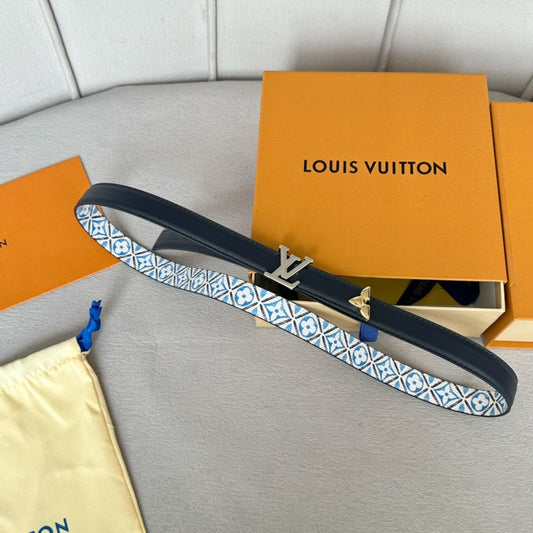 Pretty LV 20mm Reversible Belt Silver Buckle Black White Blue Leather - 30