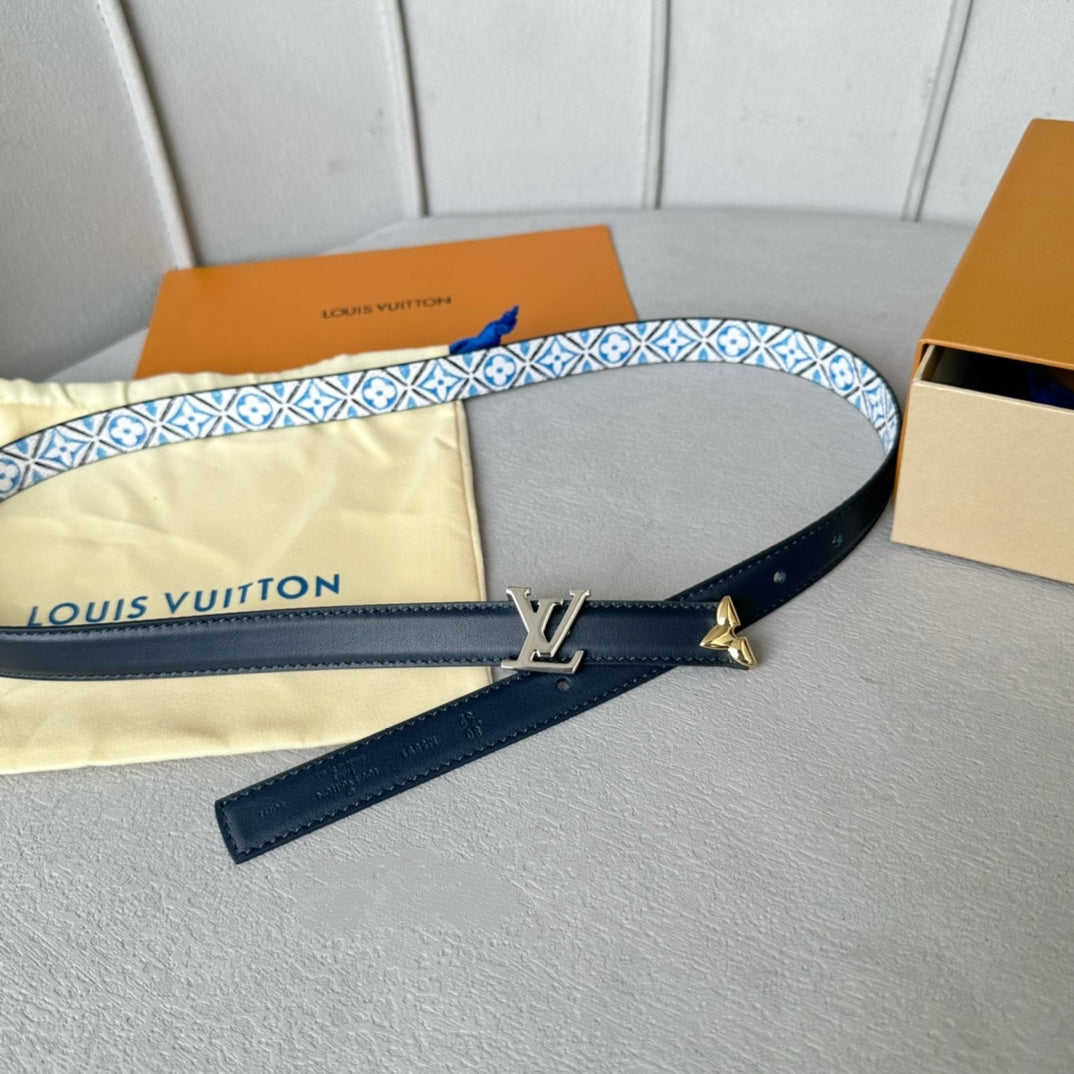 Pretty LV 20mm Reversible Belt Silver Buckle Black White Blue Leather - 30
