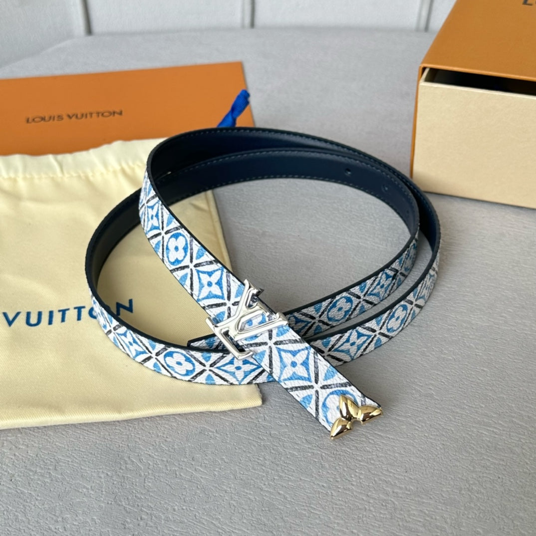 Pretty LV 20mm Reversible Belt Silver Buckle Black White Blue Leather - 30