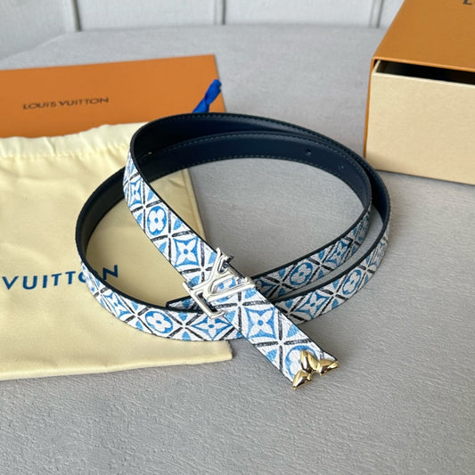 Pretty LV 20mm Reversible Belt Silver Buckle Black White Blue Leather - 30