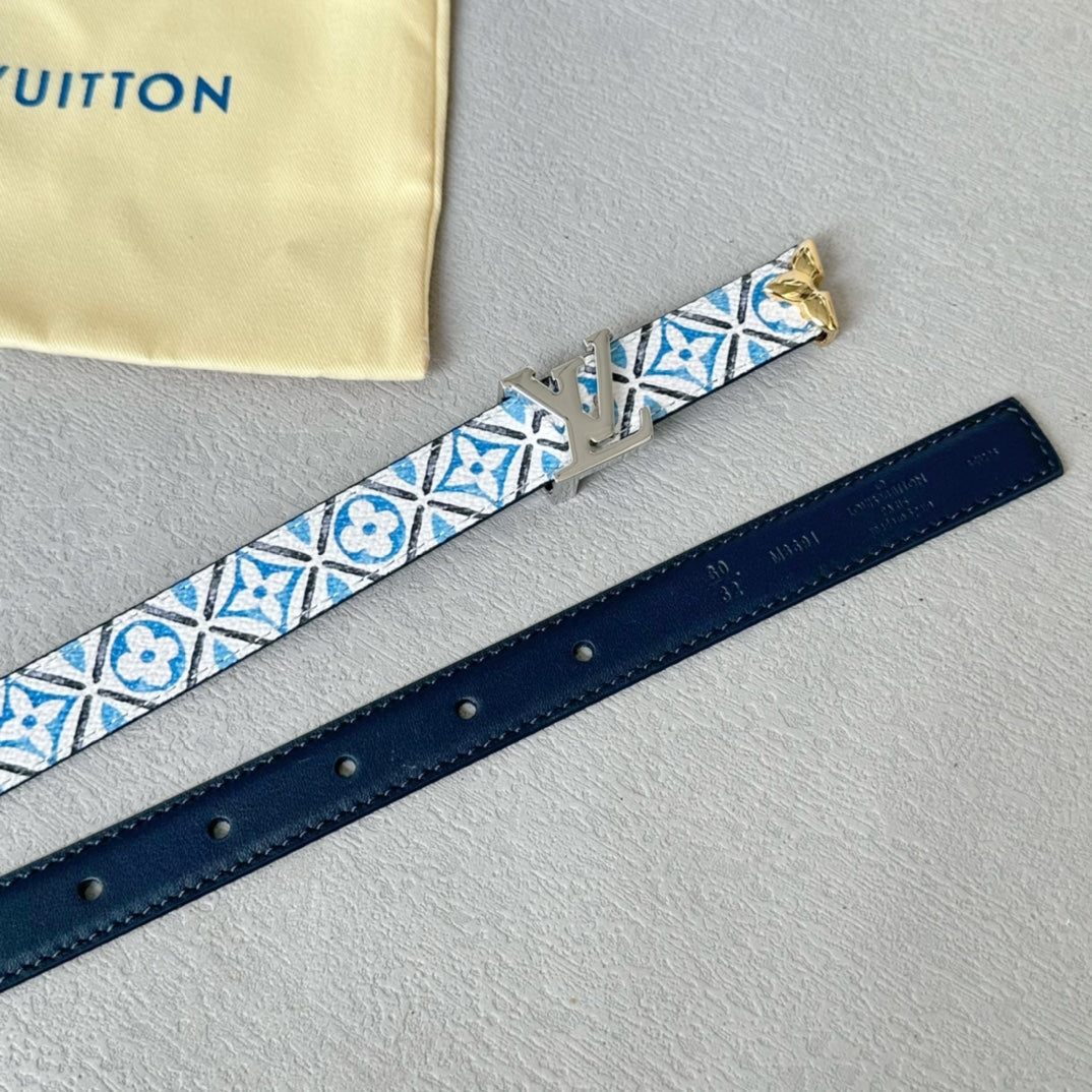 Pretty LV 20mm Reversible Belt Silver Buckle Black White Blue Leather - 30