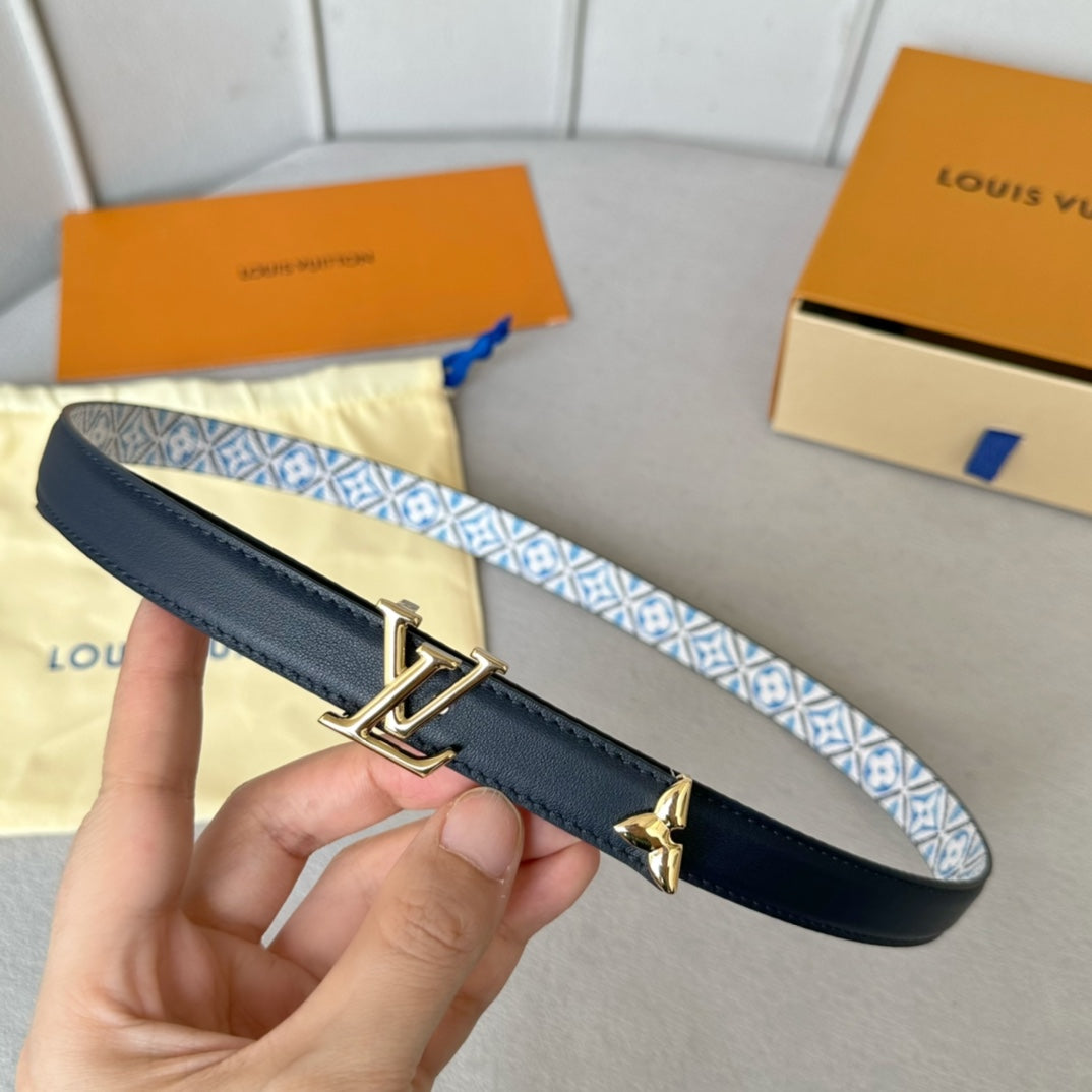 Pretty LV 20mm Reversible Belt Gold Buckle Black White Blue Leather - 30