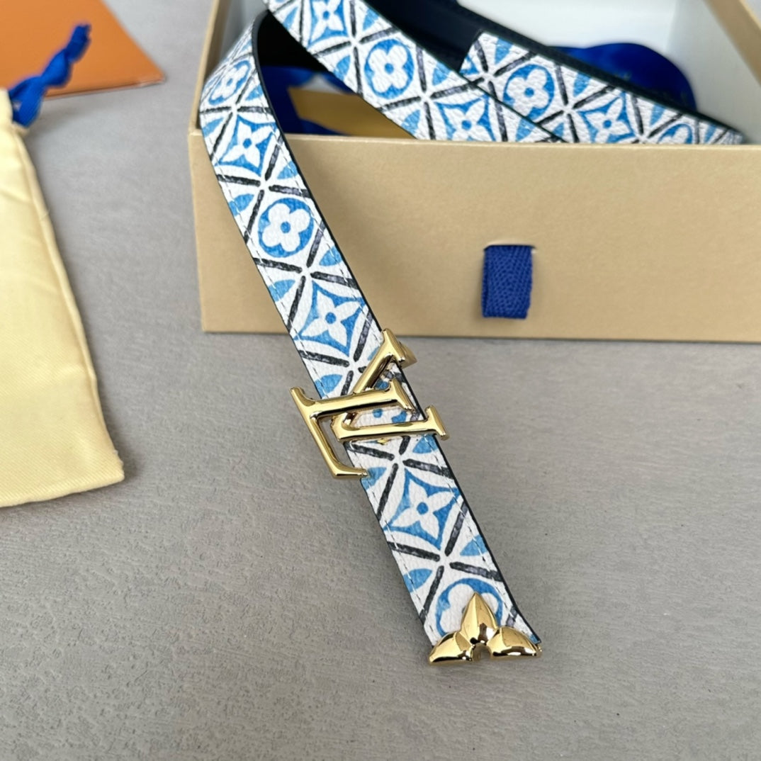Pretty LV 20mm Reversible Belt Gold Buckle Black White Blue Leather - 30