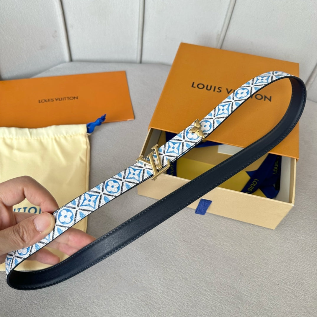 Pretty LV 20mm Reversible Belt Gold Buckle Black White Blue Leather - 30