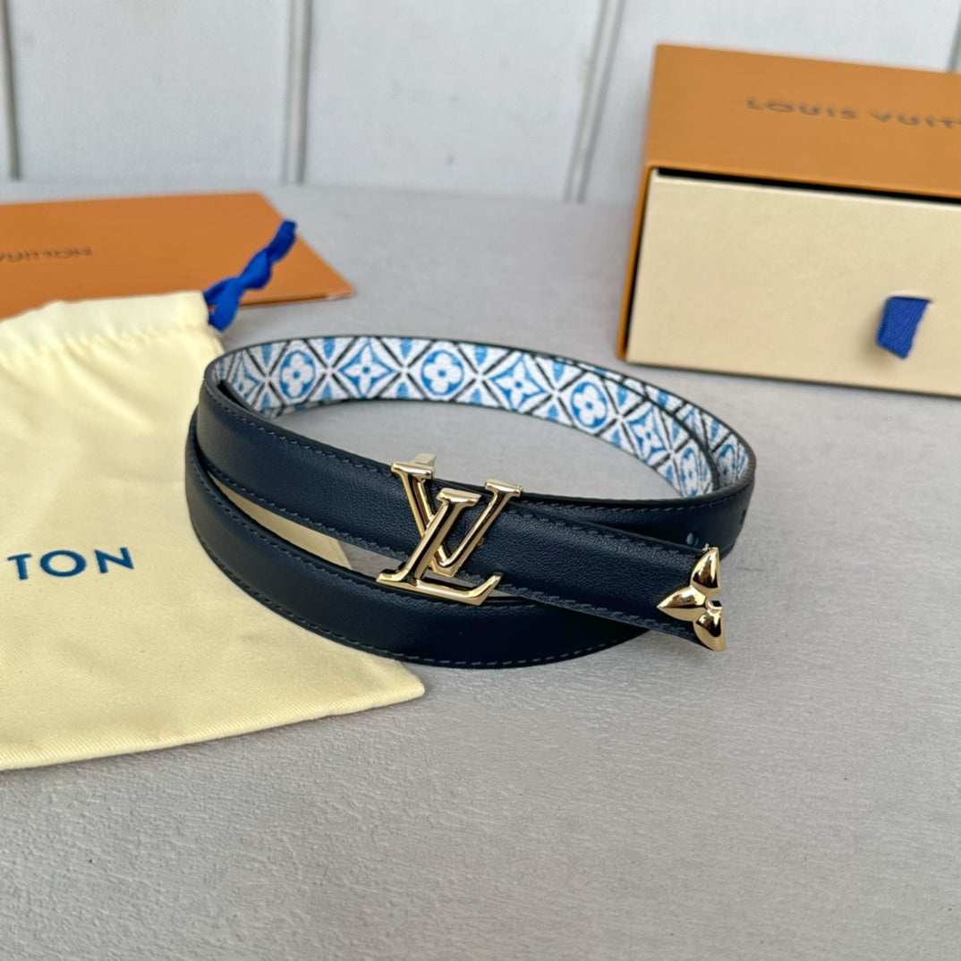 Pretty LV 20mm Reversible Belt Gold Buckle Black White Blue Leather - 30