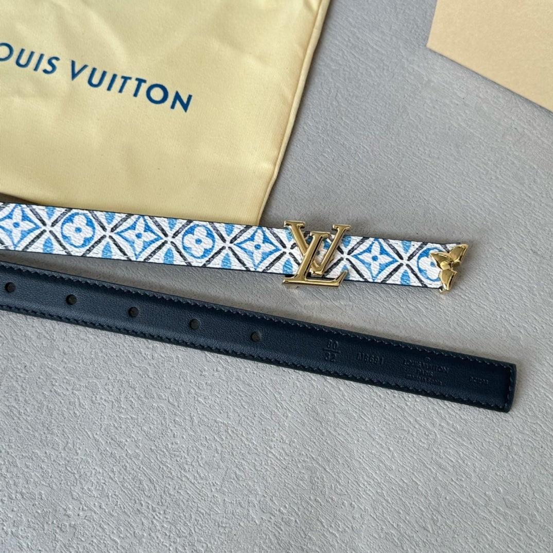 Pretty LV 20mm Reversible Belt Gold Buckle Black White Blue Leather - 30