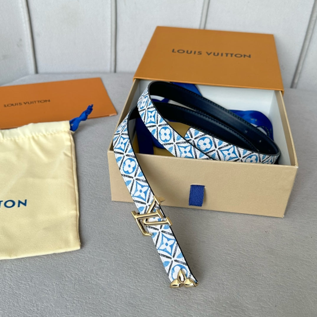 Pretty LV 20mm Reversible Belt Gold Buckle Black White Blue Leather - 30