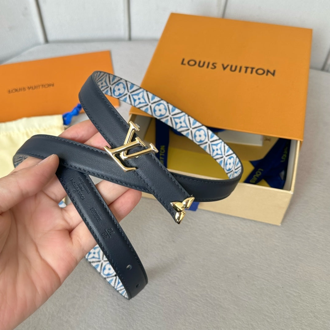 Pretty LV 20mm Reversible Belt Gold Buckle Black White Blue Leather - 30