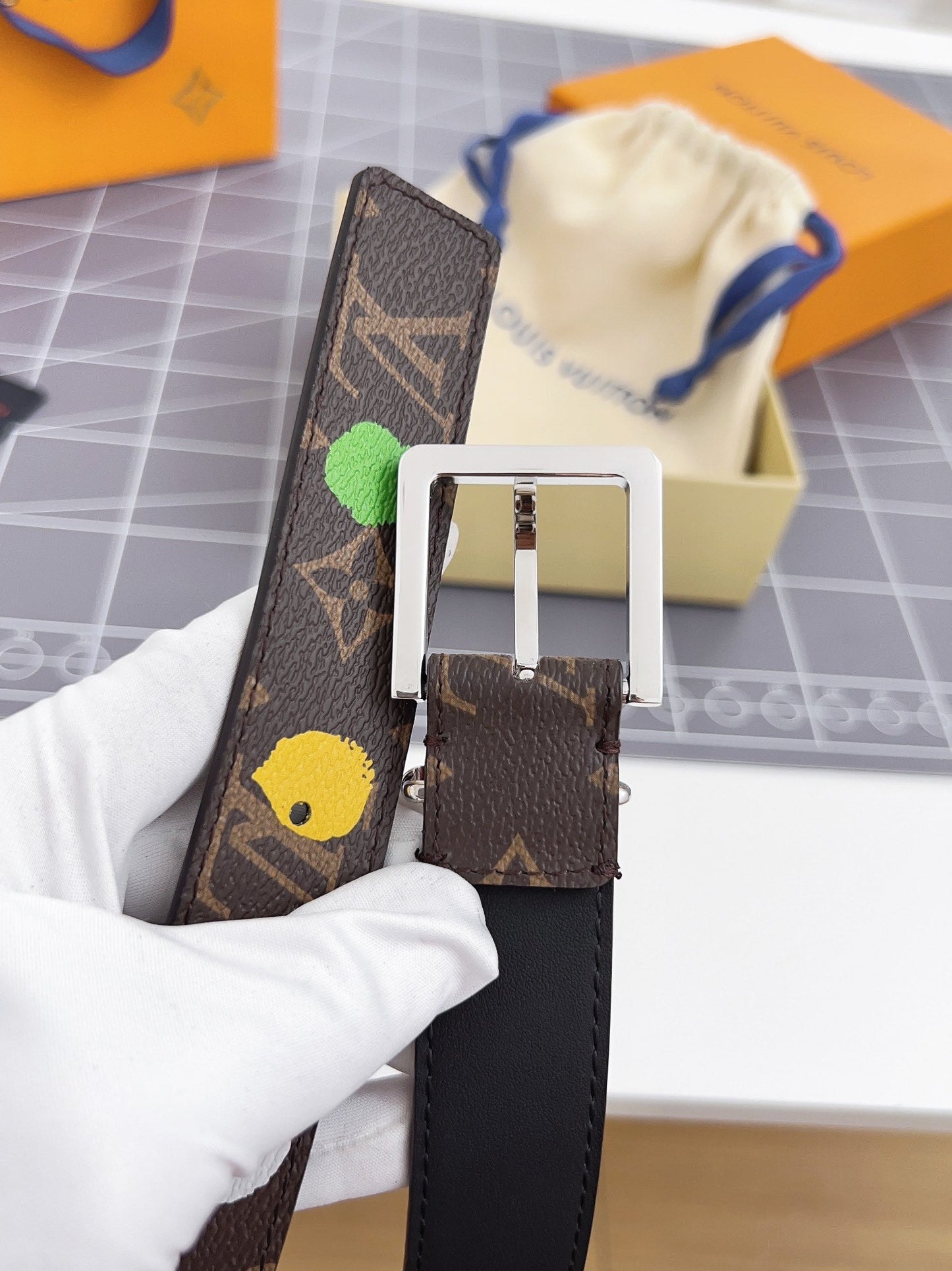 LV Bloom 30mm Mutilcolor Belt Silver Buckle Black Brown Leather - 30