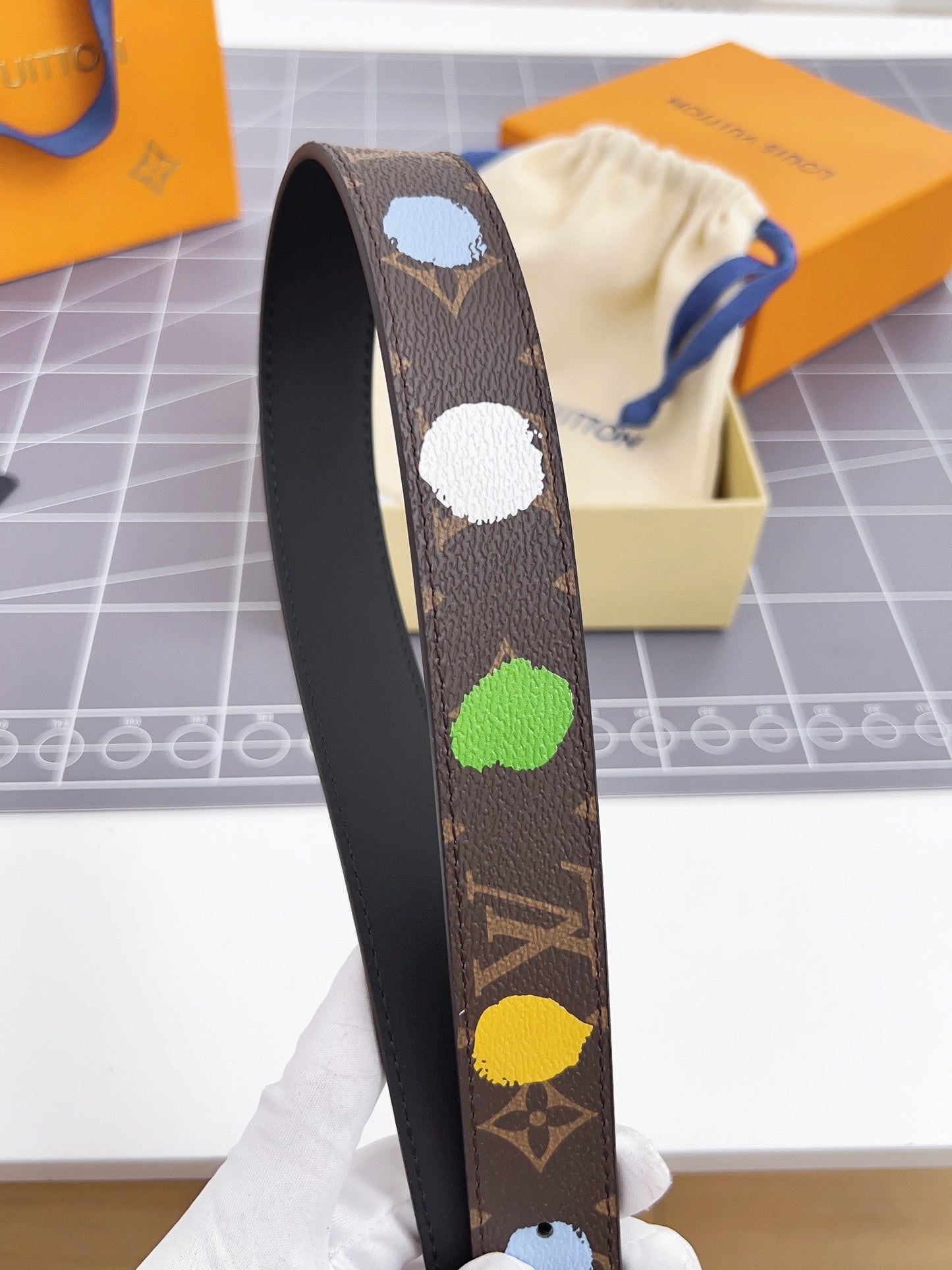 LV Bloom 30mm Mutilcolor Belt Silver Buckle Black Brown Leather - 30