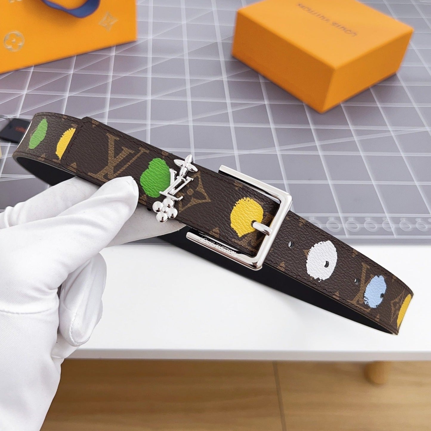 LV Bloom 30mm Mutilcolor Belt Silver Buckle Black Brown Leather - 30