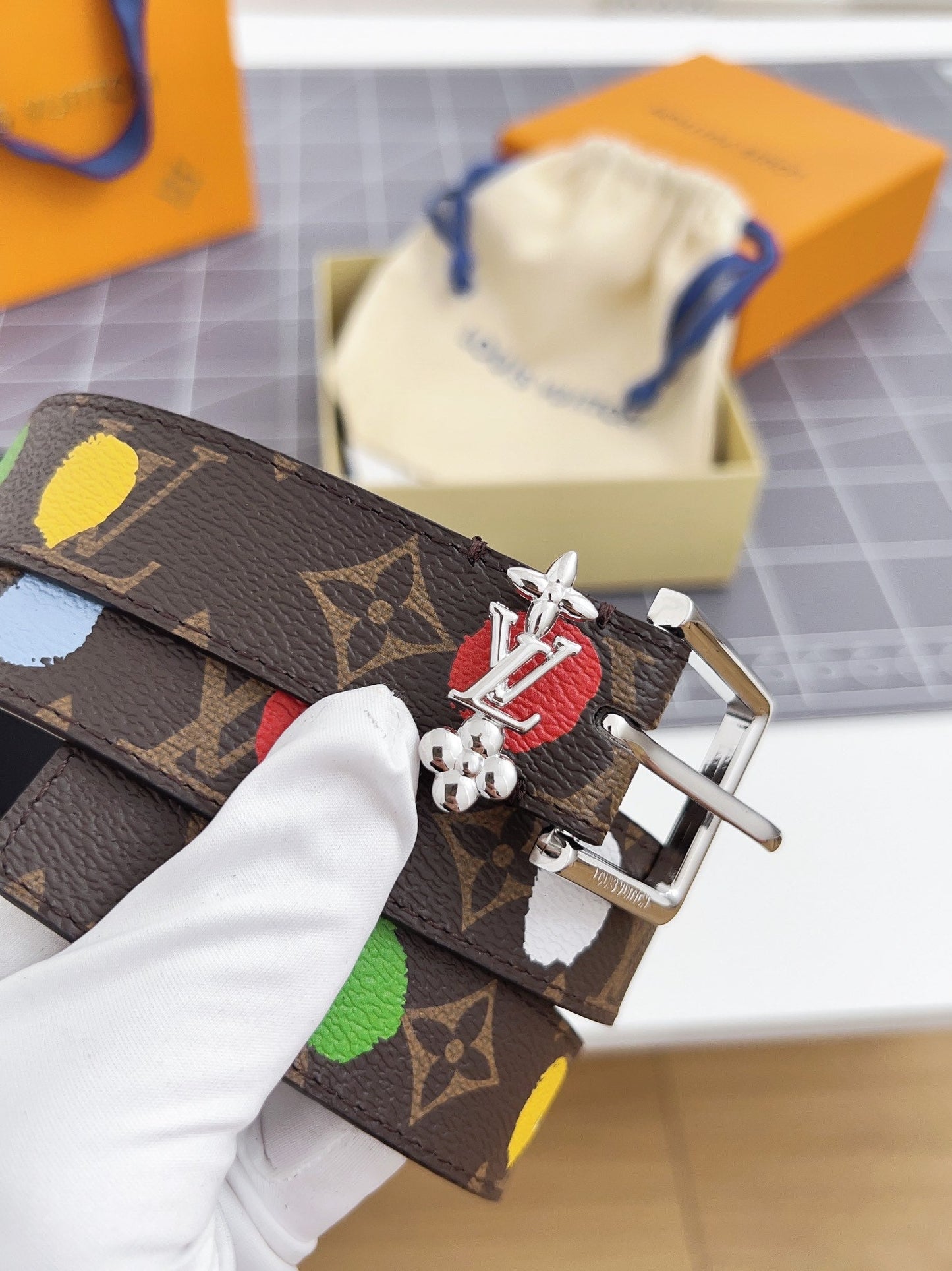 LV Bloom 30mm Mutilcolor Belt Silver Buckle Black Brown Leather - 30