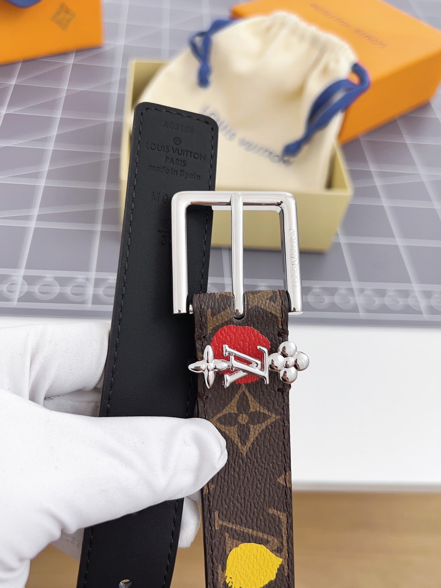 LV Bloom 30mm Mutilcolor Belt Silver Buckle Black Brown Leather - 30