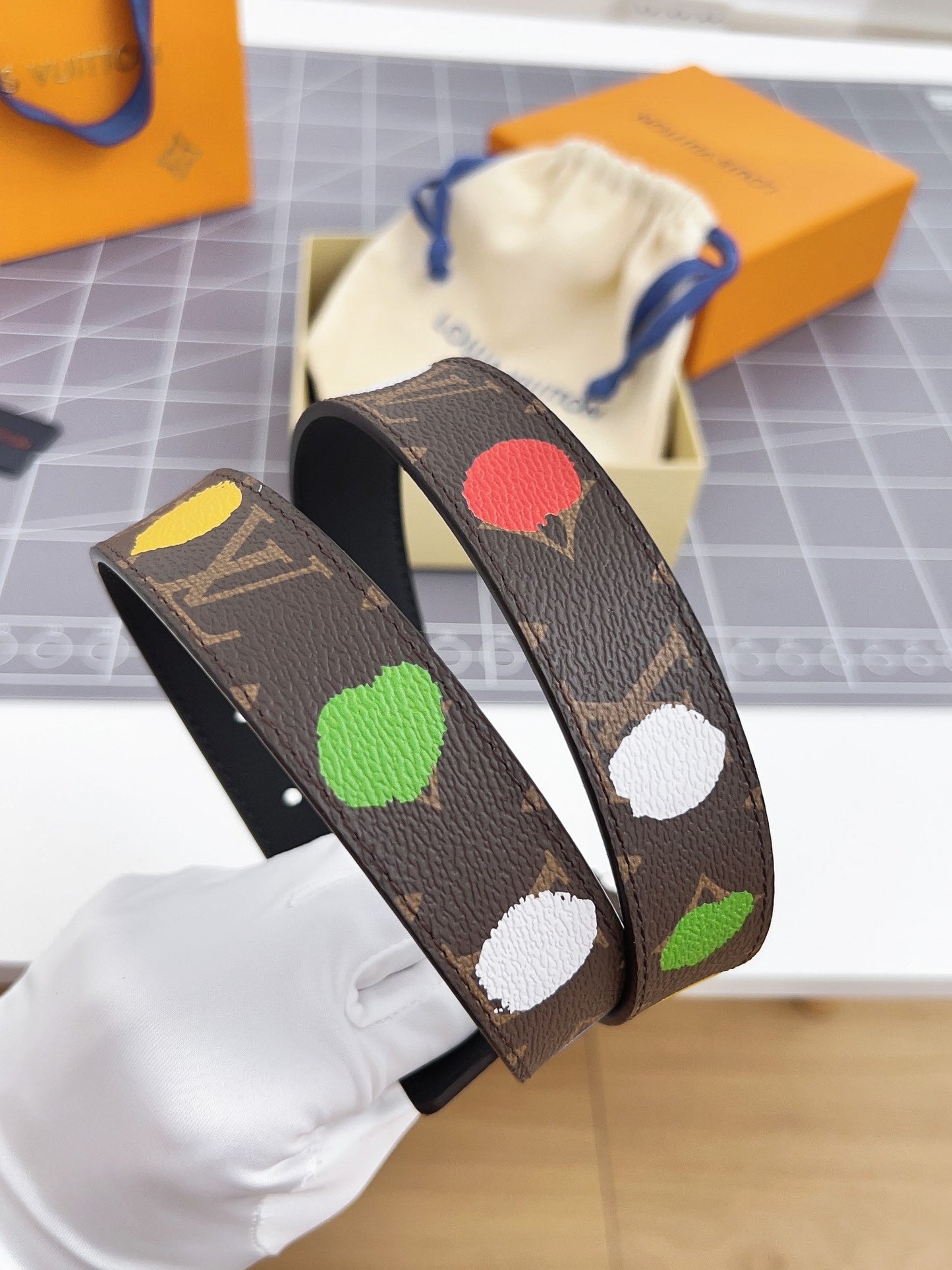 LV Bloom 30mm Mutilcolor Belt Silver Buckle Black Brown Leather - 30