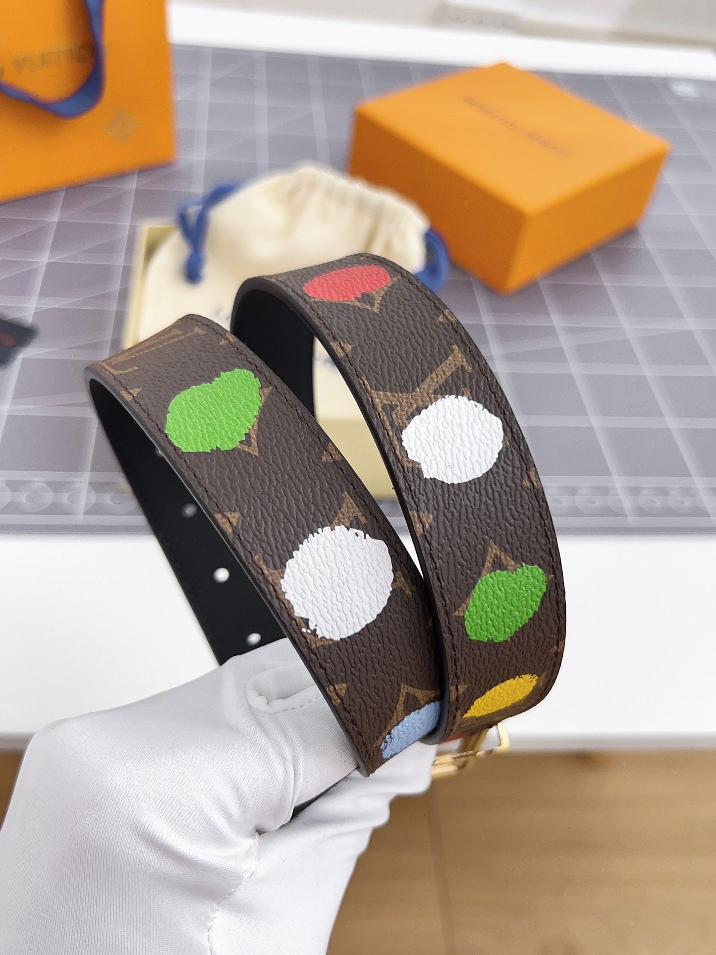 LV Bloom 30mm Mutilcolor Belt Gold Buckle Black Brown Leather - 30