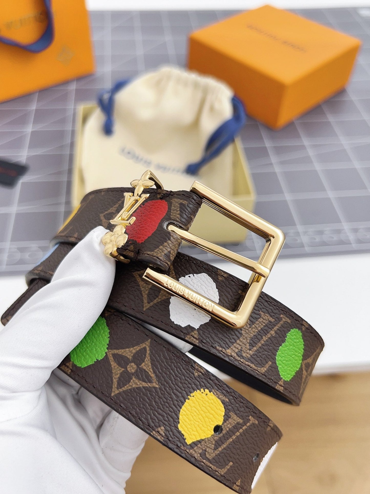 LV Bloom 30mm Mutilcolor Belt Gold Buckle Black Brown Leather - 30