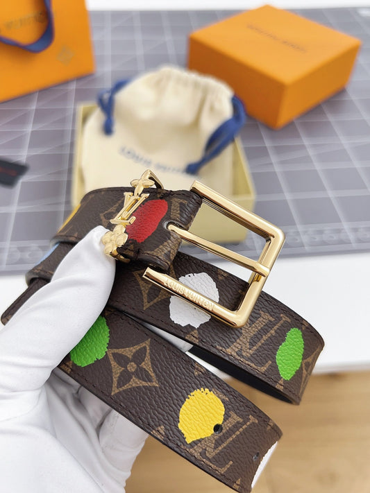 LV Bloom 30mm Mutilcolor Belt Gold Buckle Black Brown Leather - 30