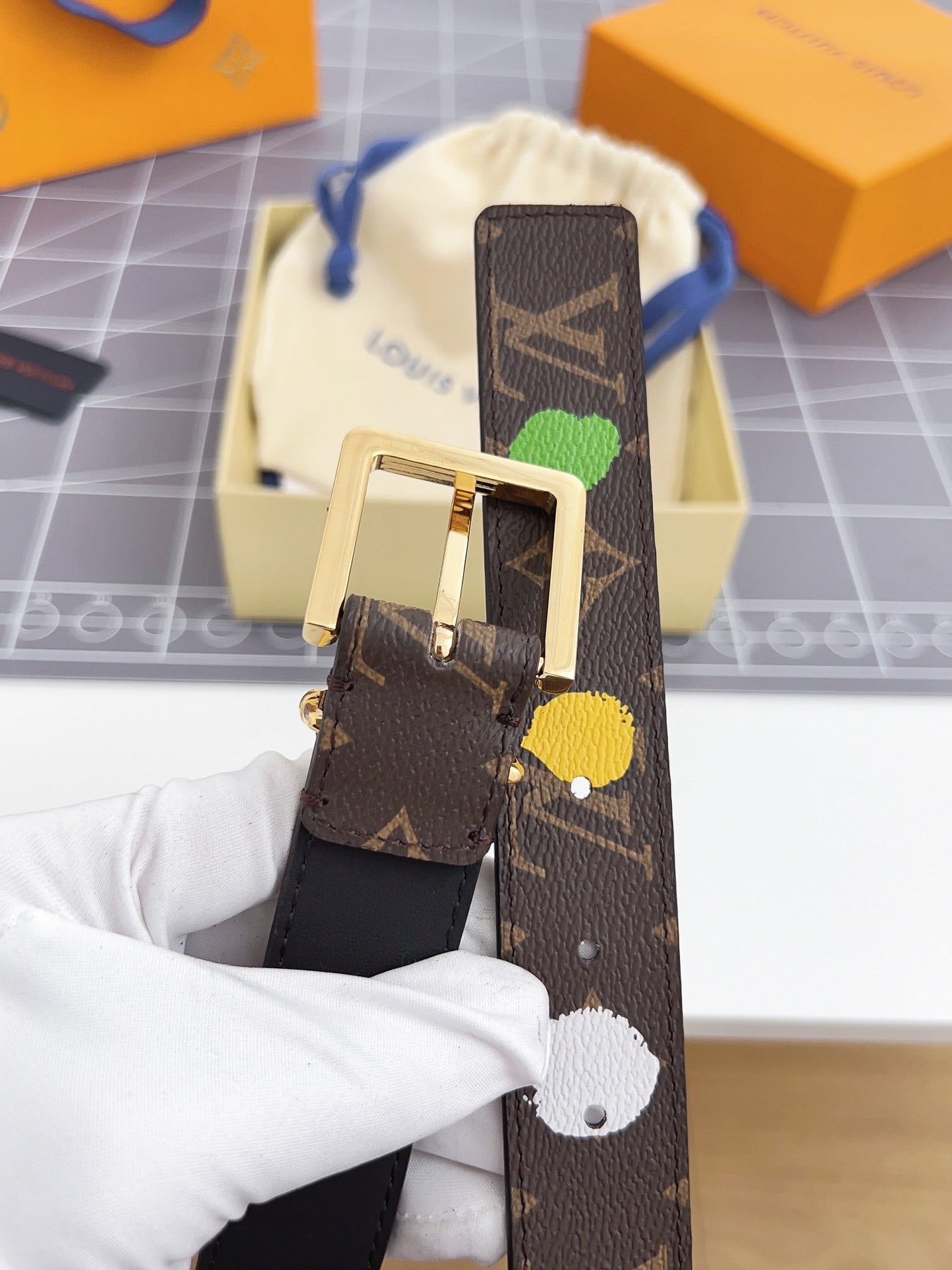 LV Bloom 30mm Mutilcolor Belt Gold Buckle Black Brown Leather - 30