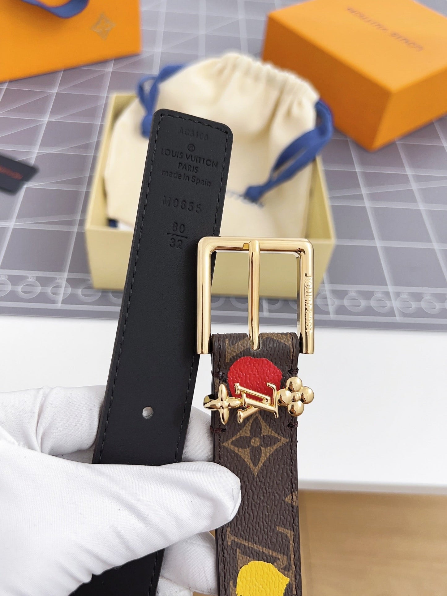 LV Bloom 30mm Mutilcolor Belt Gold Buckle Black Brown Leather - 30