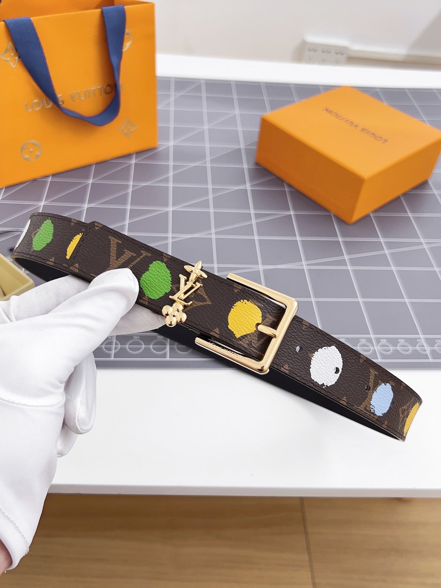 LV Bloom 30mm Mutilcolor Belt Gold Buckle Black Brown Leather - 30
