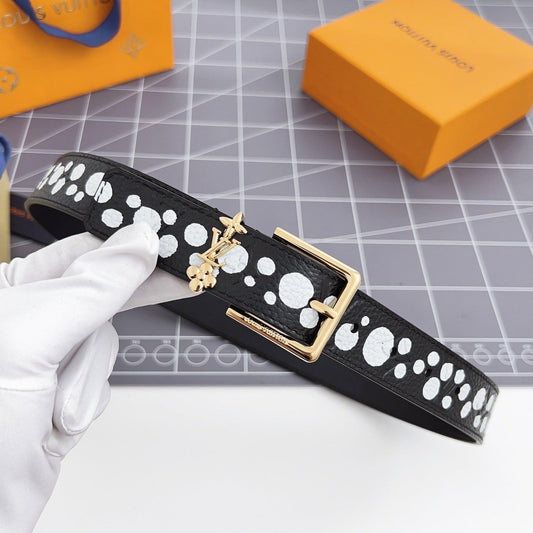 LV Bloom 30mm Belt Gold Buckle Black White Leather - 30