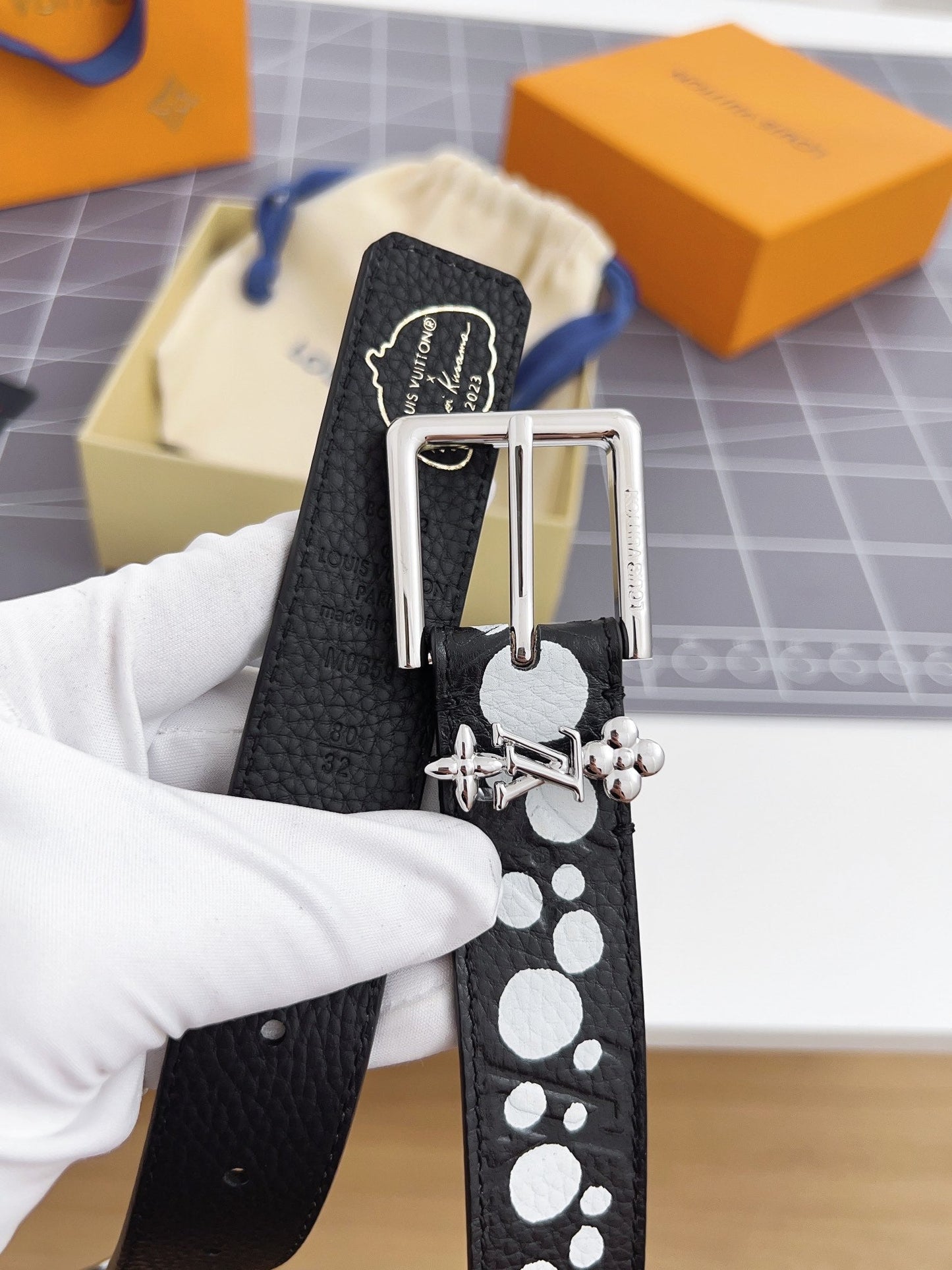 LV Bloom 30mm Belt Silver Buckle Black White Leather - 30