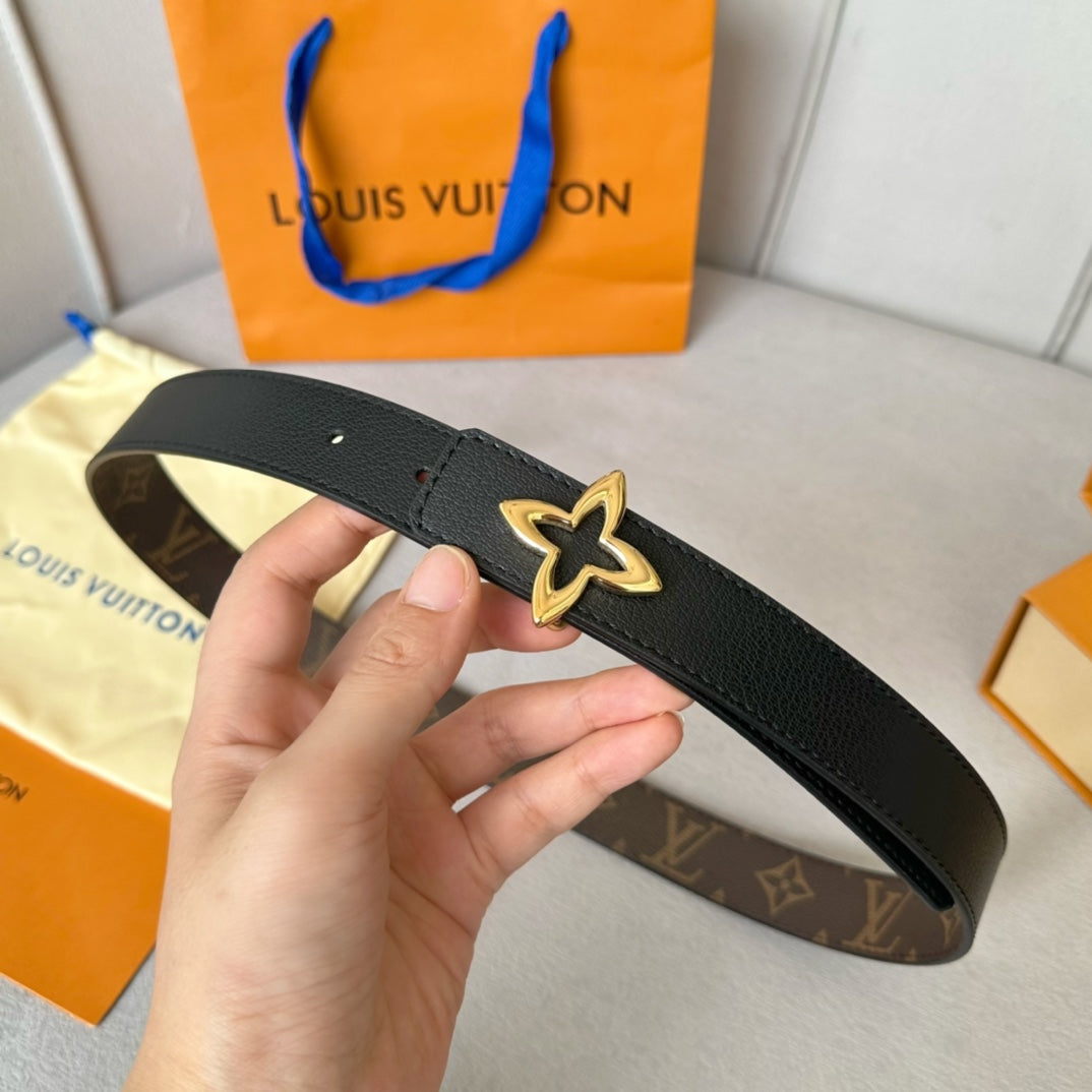 LV  MINI FLOWERGRAM 30MM REVERSIBLE BELT IN BLACK CALFSKIN GOLD HARDWARE - 30
