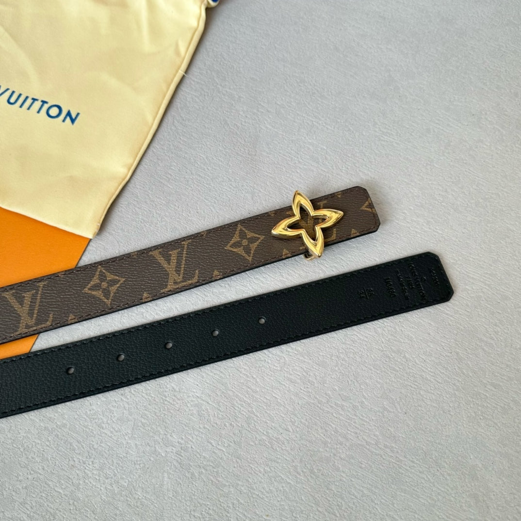 LV Flowergram 30mm Reversible Belt Gold Buckle Black Brown Leather - 30