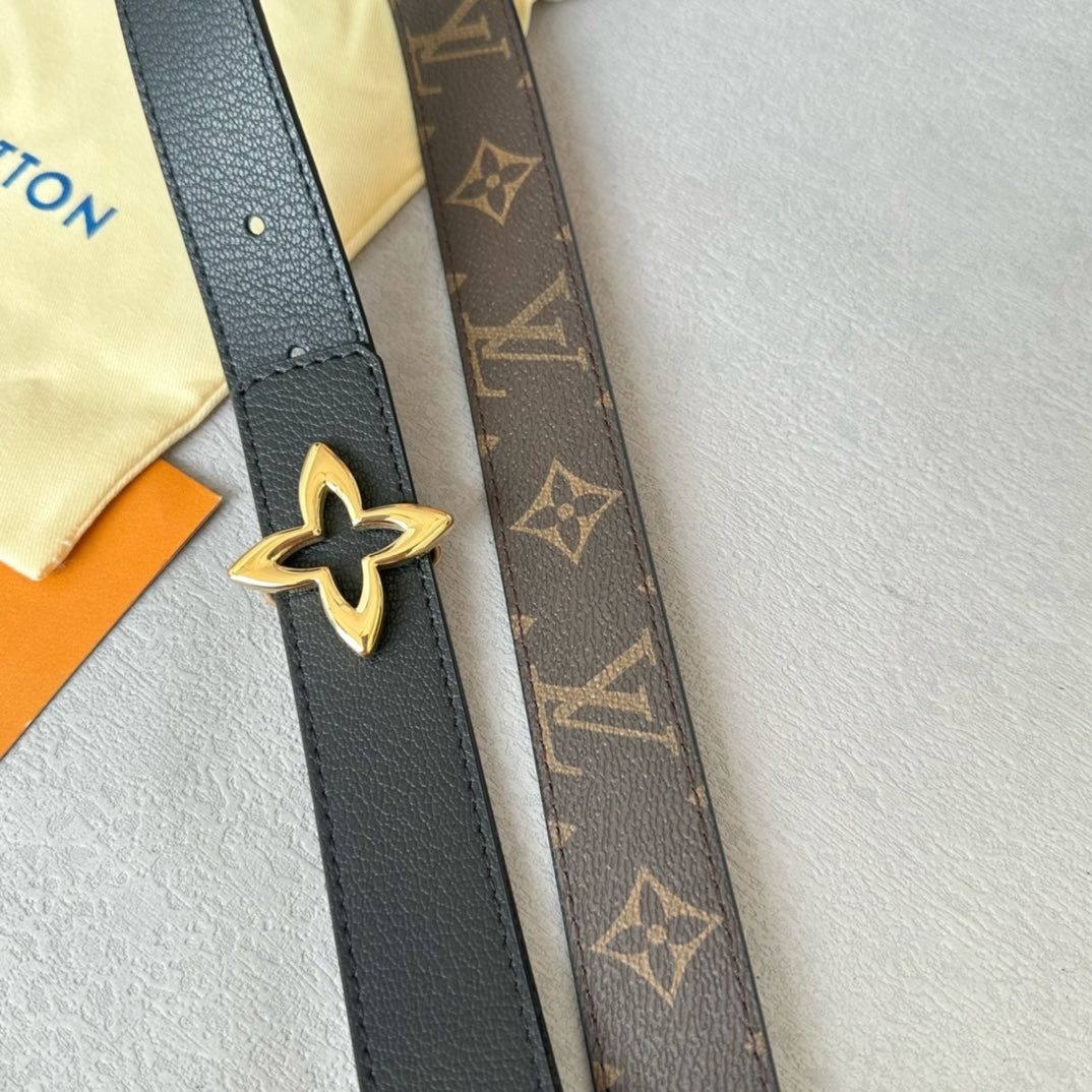 LV Flowergram 30mm Reversible Belt Gold Buckle Black Brown Leather - 30