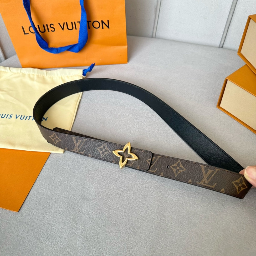 LV Flowergram 30mm Reversible Belt Gold Buckle Black Brown Leather - 30