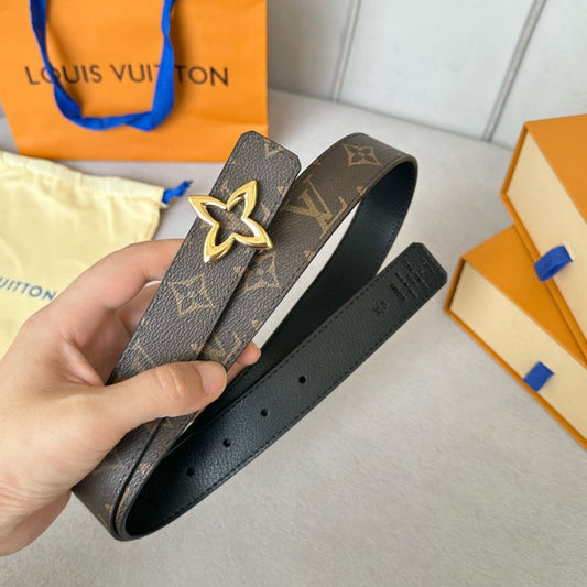 LV Flowergram 30mm Reversible Belt Gold Buckle Black Brown Leather - 30