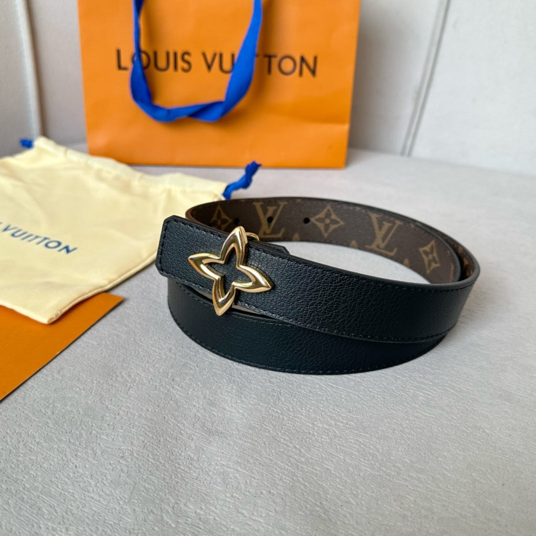 LV Flowergram 30mm Reversible Belt Gold Buckle Black Brown Leather - 30