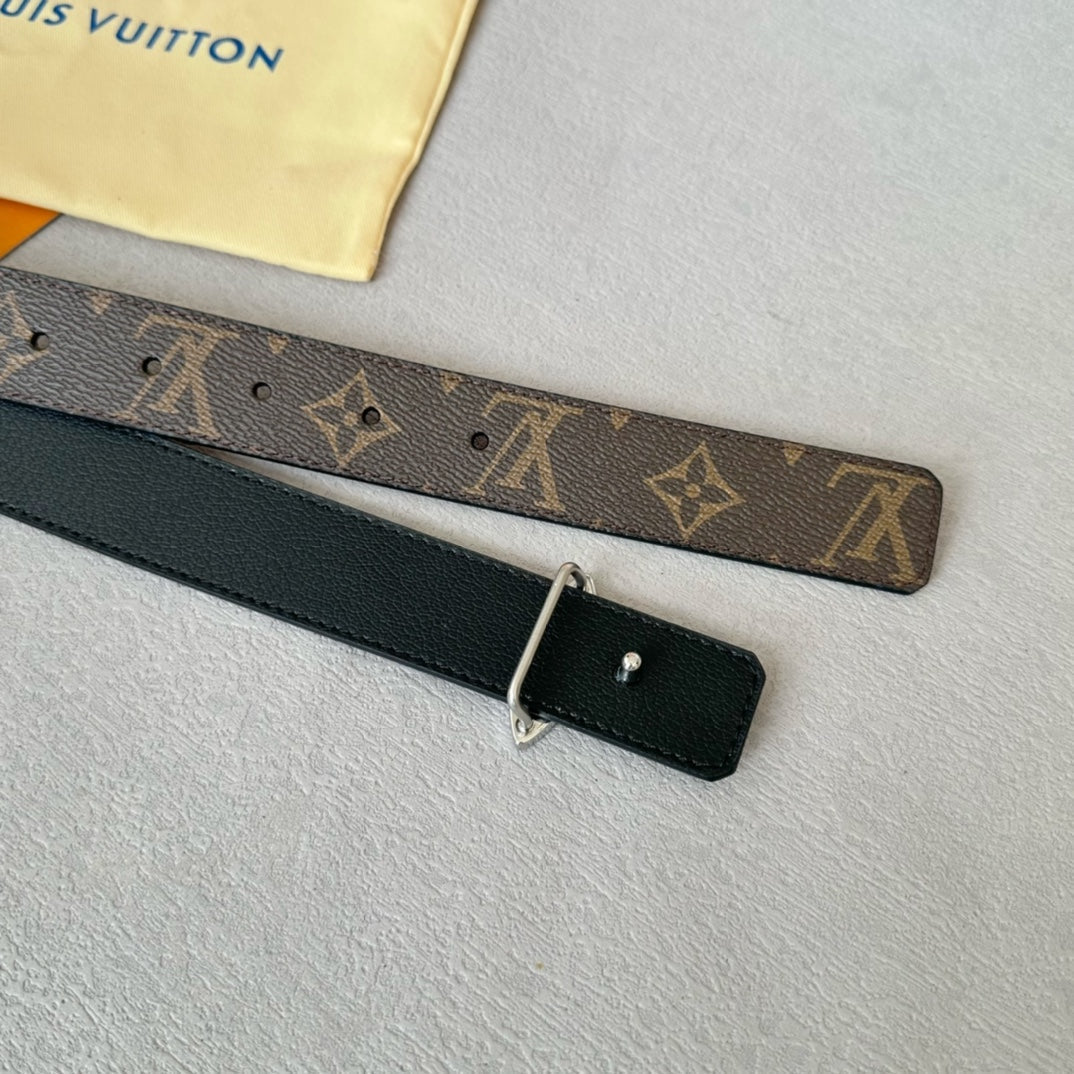 LV  MINI FLOWERGRAM 30MM REVERSIBLE BELT IN BLACK CALFSKIN SILVER HARDWARE - 30