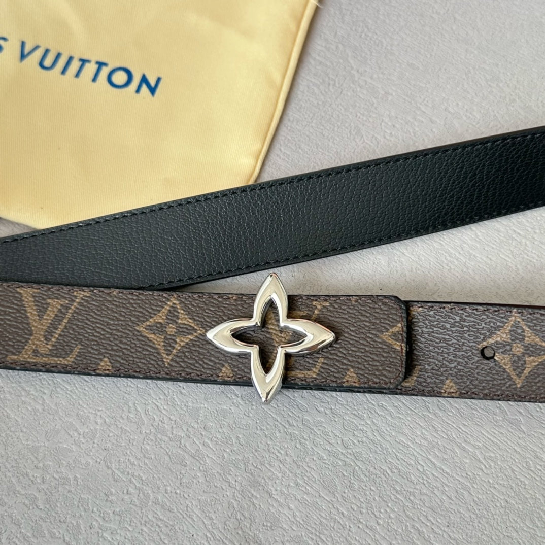 LV Flowergram 30mm Reversible Belt Silver Buckle Black Brown Leather - 30